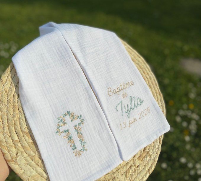 Echarpe de baptême en double gaze  croix de feuilles